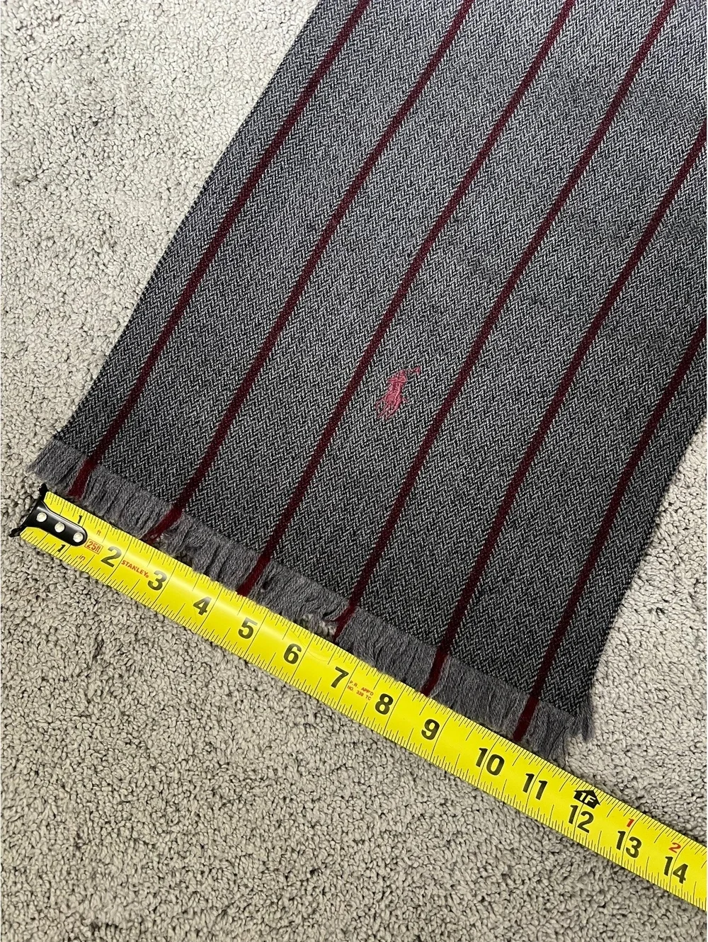 Polo Ralph Lauren Italy Wool Blend Scarf Gray Burgundy Stripe Fringe 72 x 12